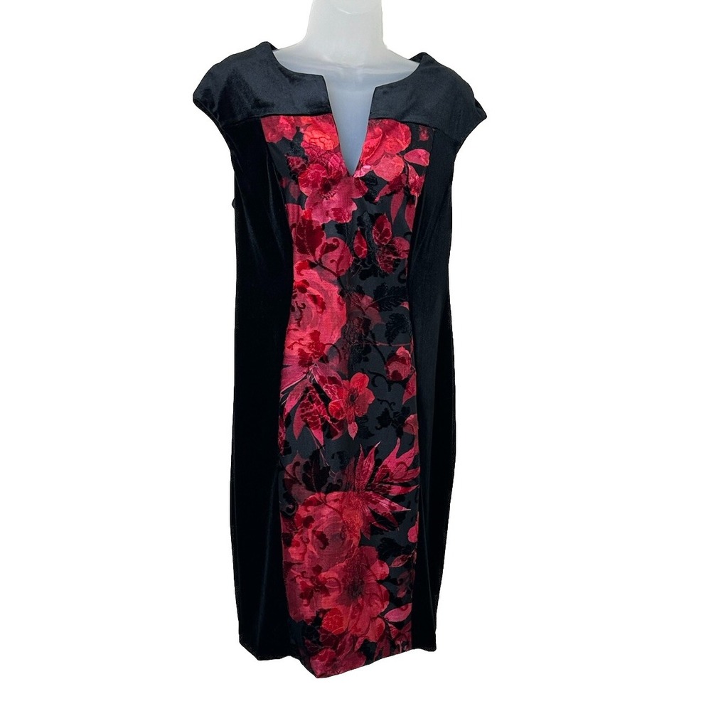 Connected Apparel Women Velvet Sheath‎ Dress 8 Black with Red Floral Print Panel